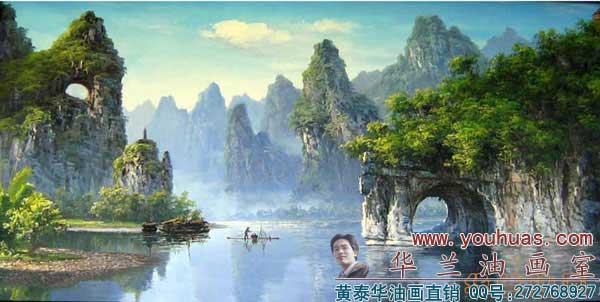 桂林山水象鼻山风景油画